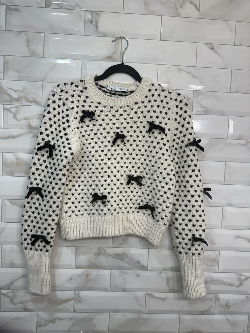 Zara Cream Knit Sweater with Black Bow Accents